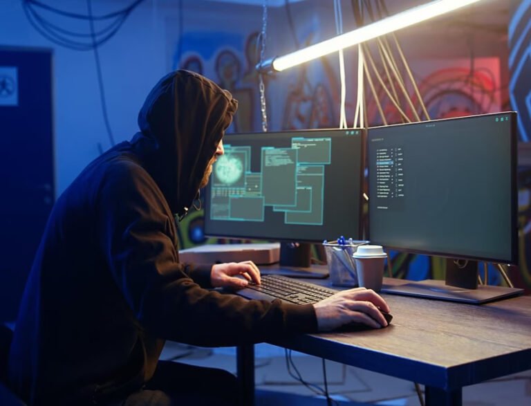Especialista en ciberseguridad monitoreando amenazas de phishing y ataques digitales en centro de operaciones