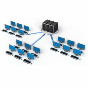 Arquitectura de red mostrando múltiples computadores conectados a servidores de bases de datos