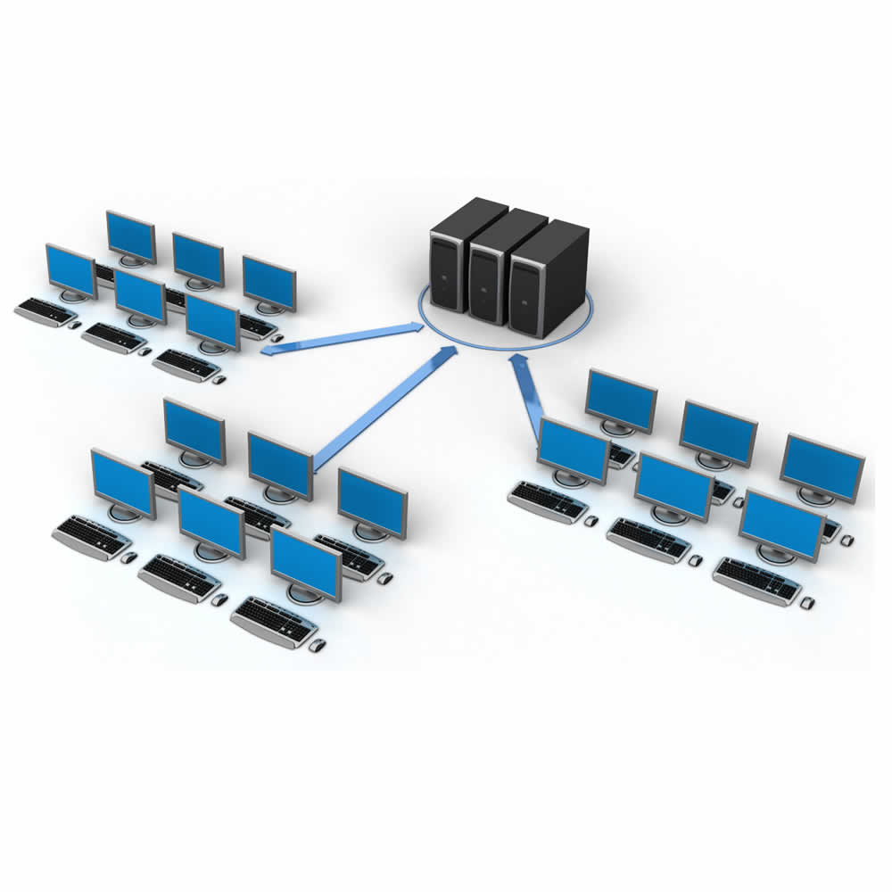 Arquitectura de red mostrando múltiples computadores conectados a servidores de bases de datos