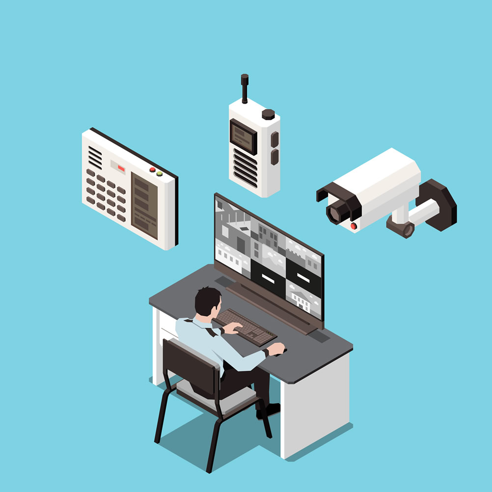 Centro de monitoreo gestionando cámaras de seguridad IP y sistema CCTV corporativo