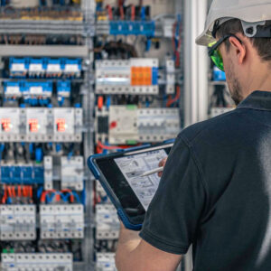 Técnico instalando y configurando sistema UPS de respaldo de energía en tablero eléctrico