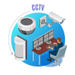 Operador monitoreando sistema de videovigilancia CCTV con cámaras y sensores de seguridad