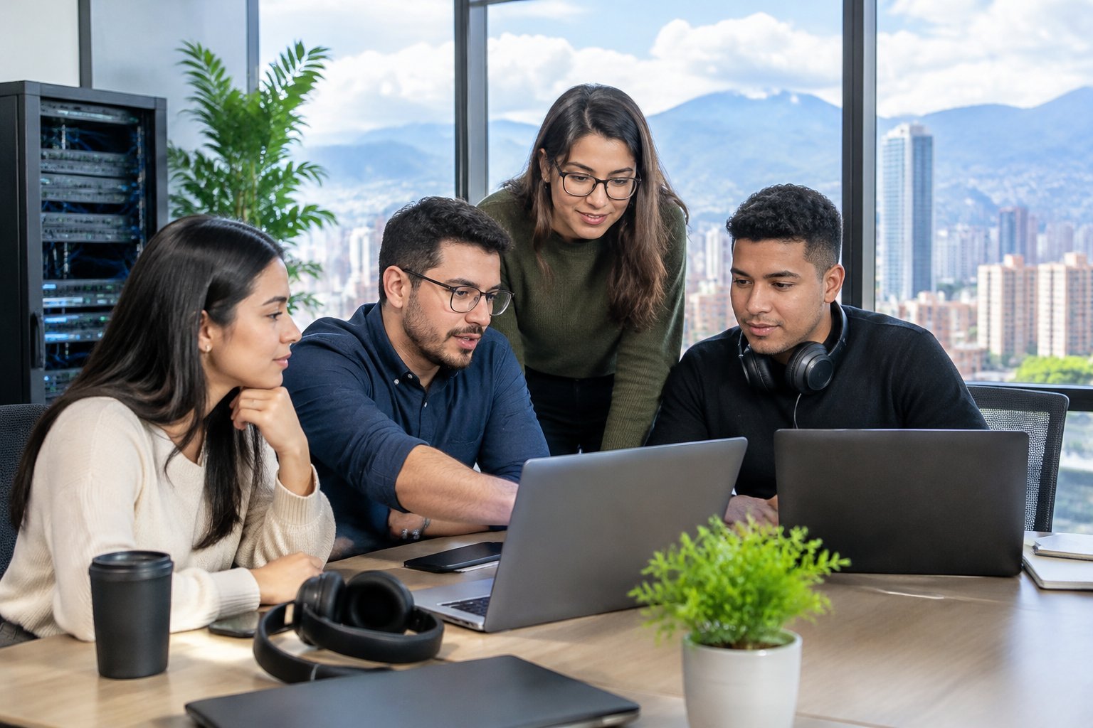 Un equipo de profesionales colombianos de tecnología trabaja junto a sus computadores en una oficina moderna.